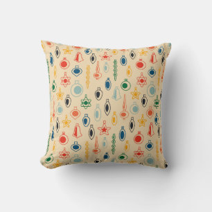 Mid Century Retro Pattern with Christmas Tree Toys Throw Pillow