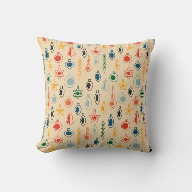 Mid Century Retro Pattern with Christmas Tree Toys Throw Pillow (Front)
