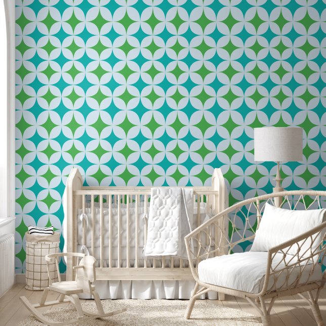 Mid Century Retro Starbursts in Green and Teal Wallpaper (Kids)