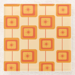 Mid Century Retro Starbursts on Abstract Squares Glass Coaster