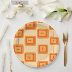 Mid Century Retro Starbursts on Abstract Squares Paper Plate
