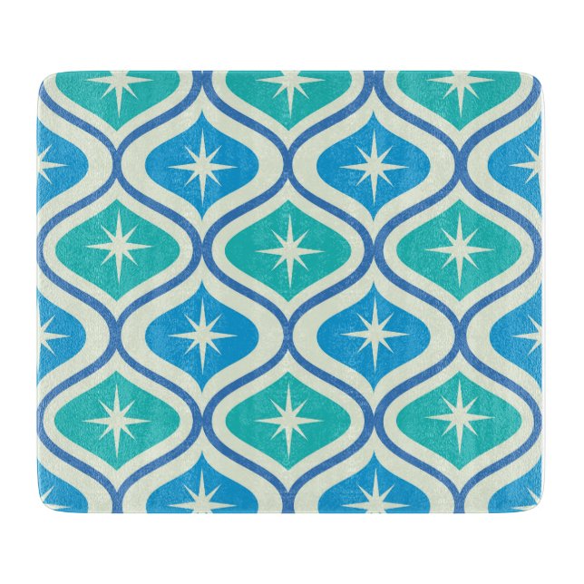 Mid Century Retro Starbursts On Blue Ogee Pattern Cutting Board (Front)