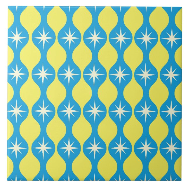 Mid Century Retro Starbursts on Blue Yellow Ogee  Tile (Front)