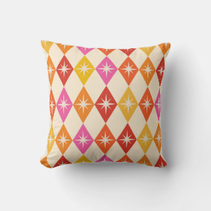 Mid Century Retro Starbursts on Colourful Diamonds Throw Pillow
