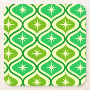 Mid Century Retro Starbursts On Green Ogee Pattern Square Paper Coaster