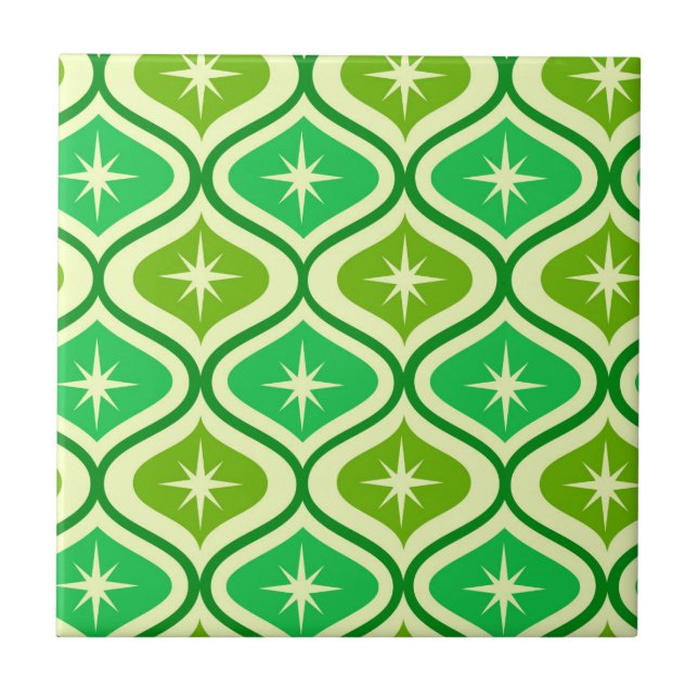 Mid Century Retro Starbursts On Green Ogee Pattern Tile (Front)