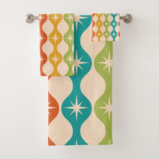 Mid Century Retro Starbursts on ogee pattern    Bath Towel Set (Insitu)
