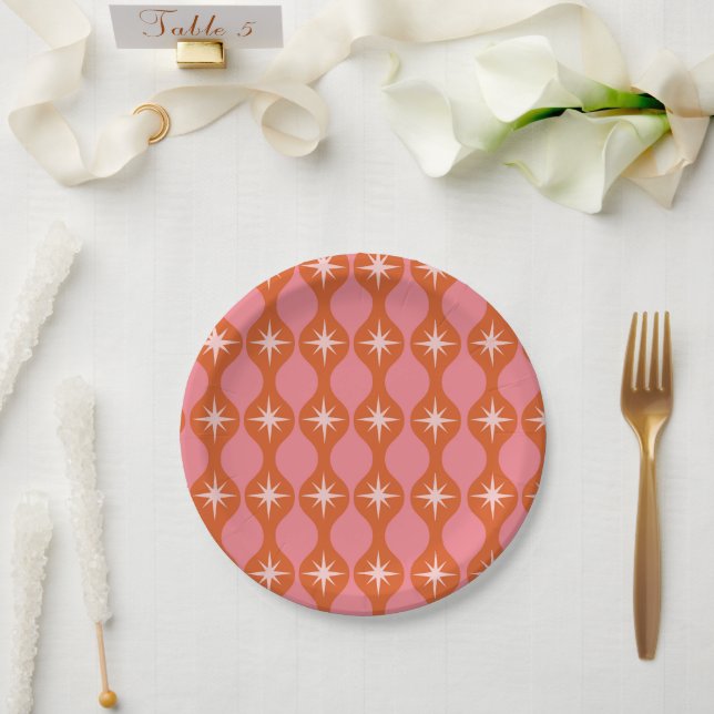 Mid Century Retro Starbursts on Orange Pink Ogee  Paper Plate (Wedding)