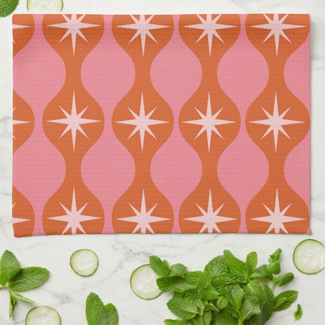 Mid Century Retro Starbursts  on Pink Orange Ogee  Kitchen Towel (Folded)