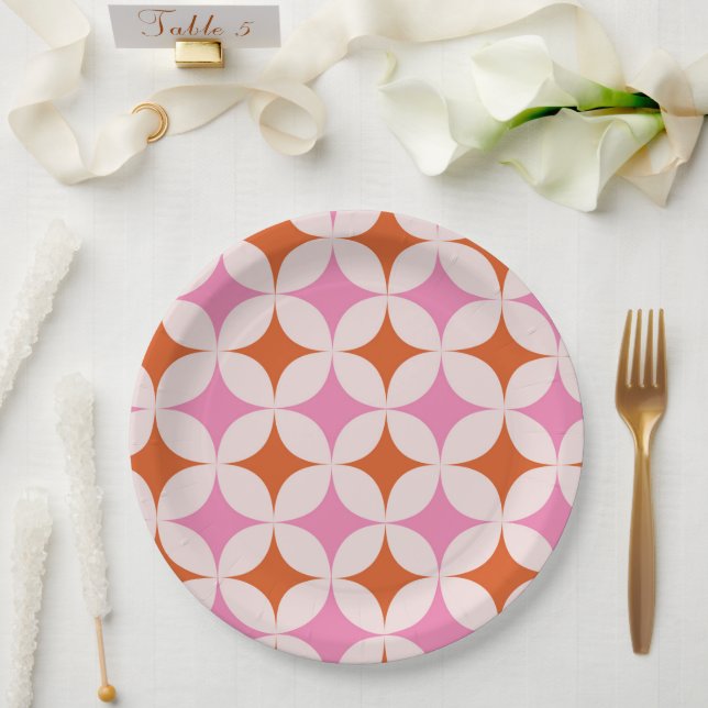 Mid Century Retro Starbursts Pattern Orange Pink  Paper Plate (Wedding)