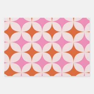Mid Century Retro Starbursts Pattern Orange Pink  Wrapping Paper Sheet