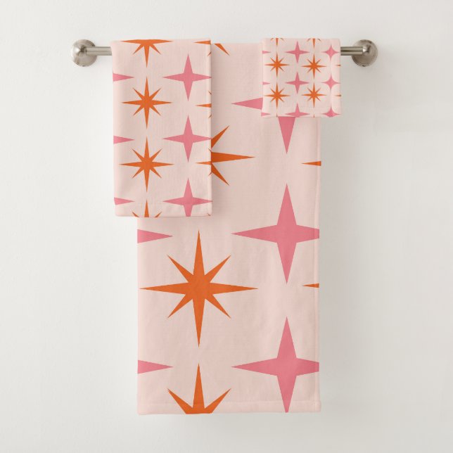 Mid Century Retro Starbursts Pattern Pink Orange  Bath Towel Set (Insitu)
