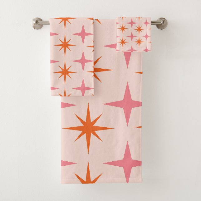 Mid Century Retro Starbursts Pattern Pink Orange  Bath Towel Set (Insitu)