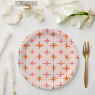 Mid Century Retro Starbursts Pattern Pink Orange  Paper Plate