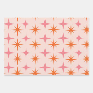 Mid Century Retro Starbursts Pattern pink orange  Wrapping Paper Sheet