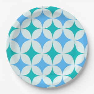 Mid Century Retro Starbursts Pattern Teal Blue Paper Plate
