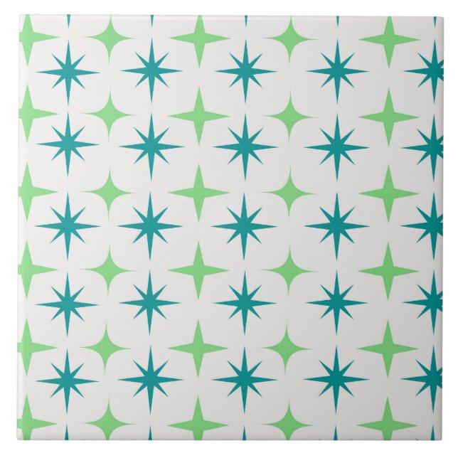 Mid Century Retro Starbursts Pattern teal green  Tile (Front)