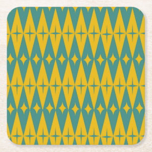 Mid Century Retro Stars on Teal Mustard Diamonds Square Paper Coaster