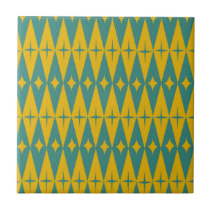 Mid Century Retro Stars on Teal Mustard Diamonds Tile
