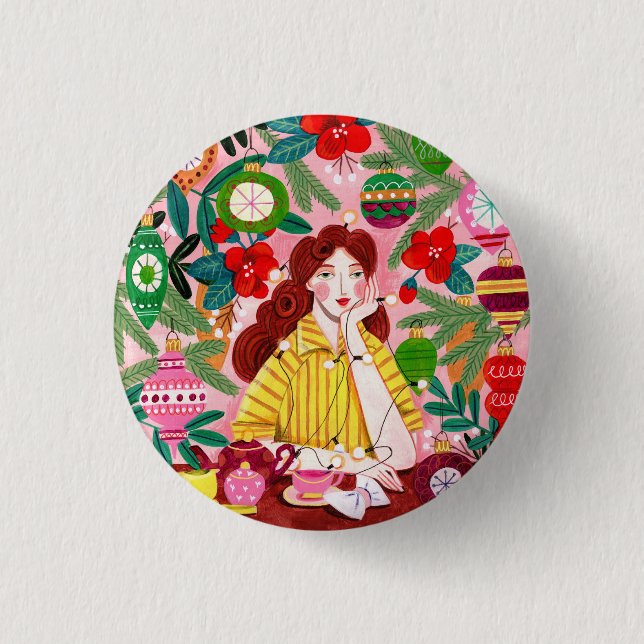 Mid Century Retro Woman Christmas Holiday 1 Inch Round Button (Front)