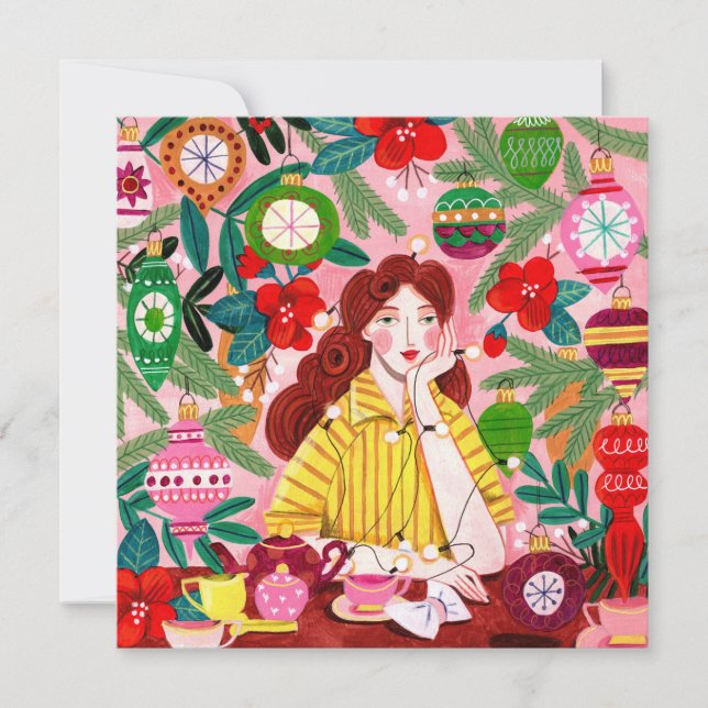 Mid Century Retro Woman Christmas Holiday Card (Front)