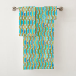 Mid-Century Ribbon Print, Blue, Turquoise and Tan  Bath Towel Set