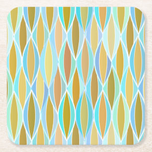 Mid-Century Ribbon Print - blues and neutrals Square Paper Coaster
