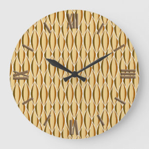 Mid-Century Ribbon Print - brown and caramel Large Clock