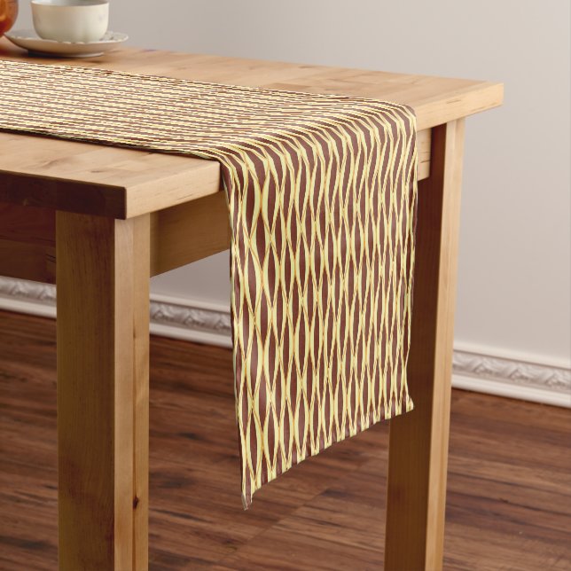 Mid-Century Ribbon Print, Brown and Gold Short Table Runner (In Situ)