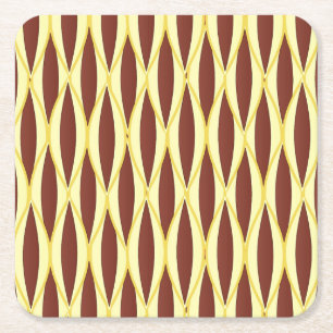 Mid-Century Ribbon Print - brown and gold Square Paper Coaster