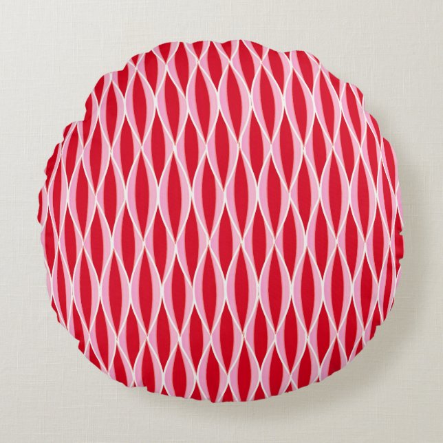 Mid-Century Ribbon Print, Deep Coral Red and Pink Round Pillow (Front)