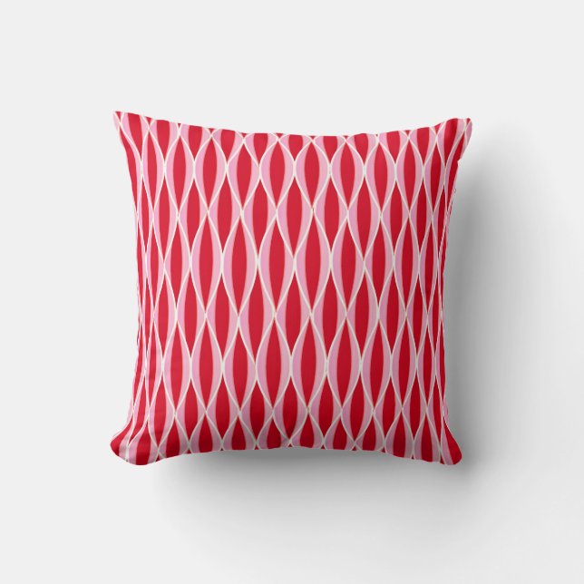 Mid-Century Ribbon Print, Deep Coral Red and Pink Throw Pillow (Front)