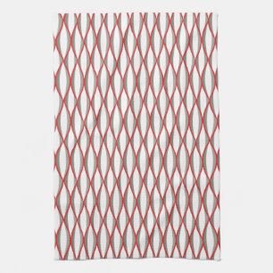 Mid-Century Ribbon Print - grey, white, red Kitchen Towel