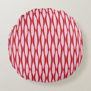 Mid-Century Ribbon Print - pink and burgundy Round Pillow