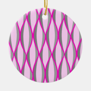 Mid-Century Ribbon Print - pink and grey / grey Ceramic Ornament