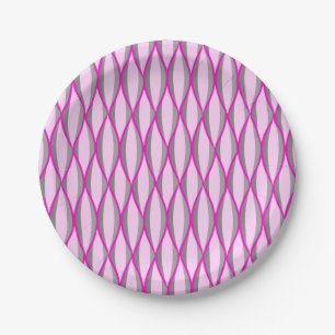 Mid-Century Ribbon Print - pink and grey / grey Paper Plate