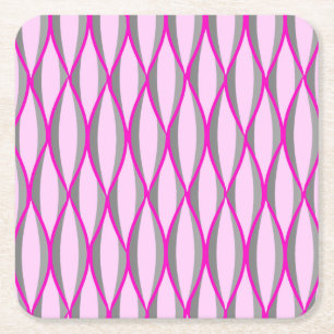 Mid-Century Ribbon Print - pink and grey / grey Square Paper Coaster