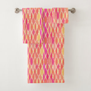 Mid-Century Ribbon Print, Pink, Coral and Gold Bath Towel Set