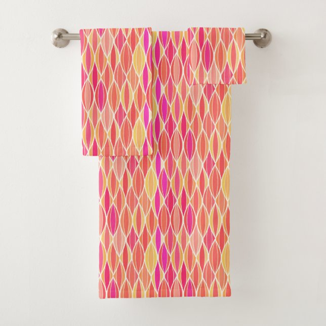 Mid-Century Ribbon Print, Pink, Coral and Gold Bath Towel Set (Insitu)