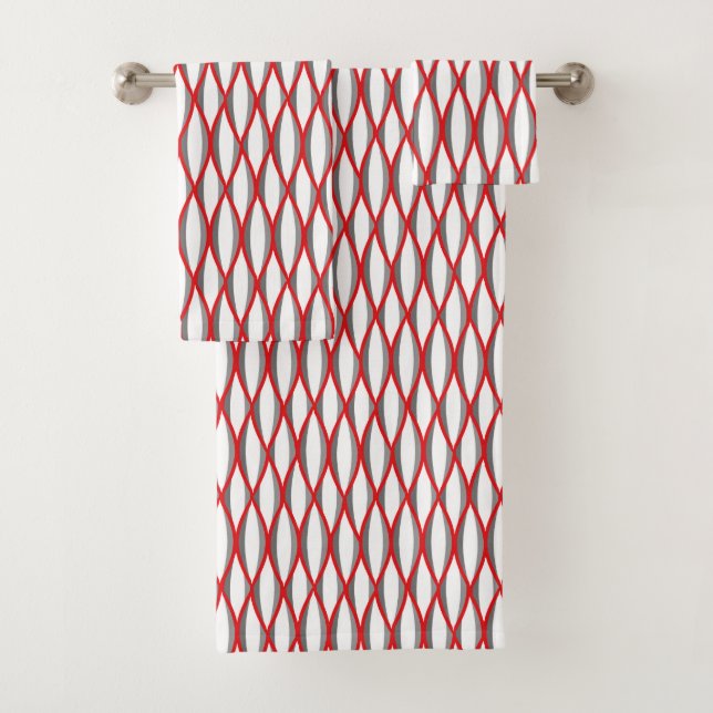 Mid-Century Ribbon Print, Red, Grey and White  Bath Towel Set (Insitu)