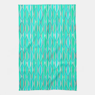 Mid-Century Ribbon Print - shades of turquoise Kitchen Towel