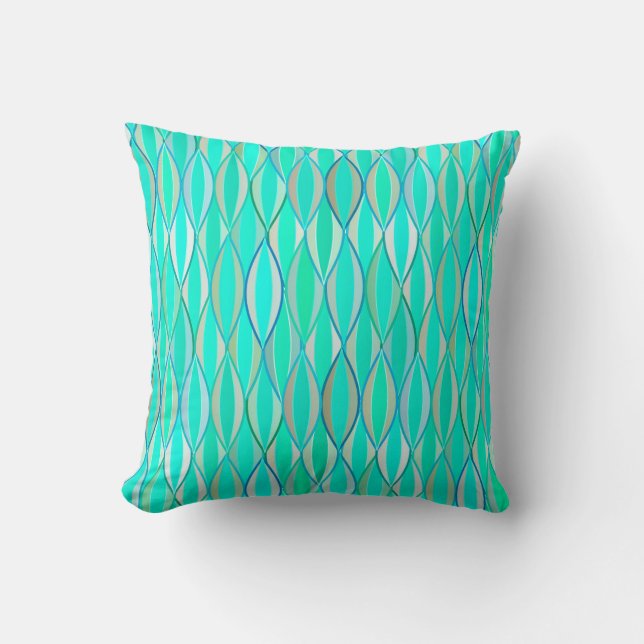Mid-Century Ribbon Print - shades of turquoise Throw Pillow (Front)