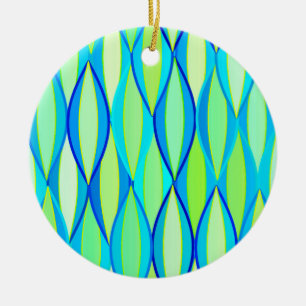 Mid-Century Ribbon Print - turquoise and lime Ceramic Ornament