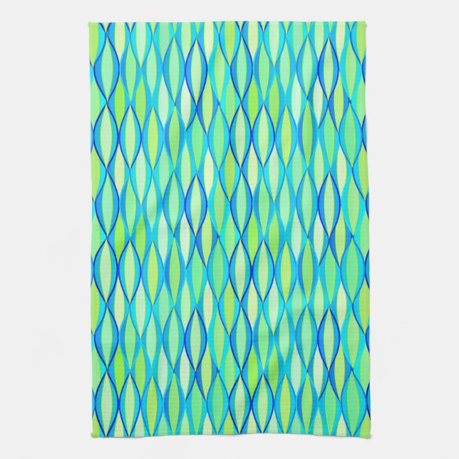 Mid-Century Ribbon Print - turquoise and lime Kitchen Towel (Vertical)
