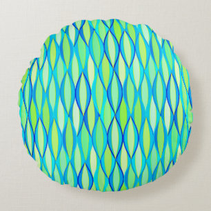 Mid-Century Ribbon Print - turquoise and lime Round Pillow