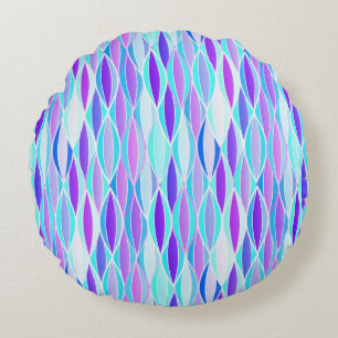 Mid-Century Ribbon Print - violet and aqua Round Pillow