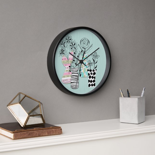 Mid Century Scandi Floral Teal Clock (Office)