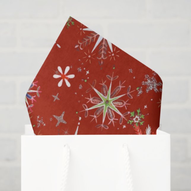 Mid-Century Snowflakes Galore On Red Tissue Paper (Gift Bag)