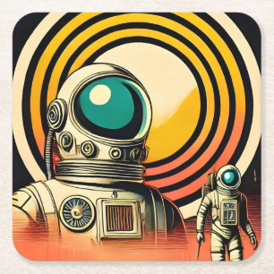 Mid Century Space Age Astronaut Landing Art  Square Paper Coaster