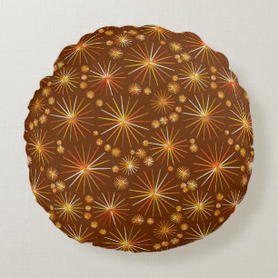 Mid Century Sputnik pattern, Chocolate Brown Round Pillow